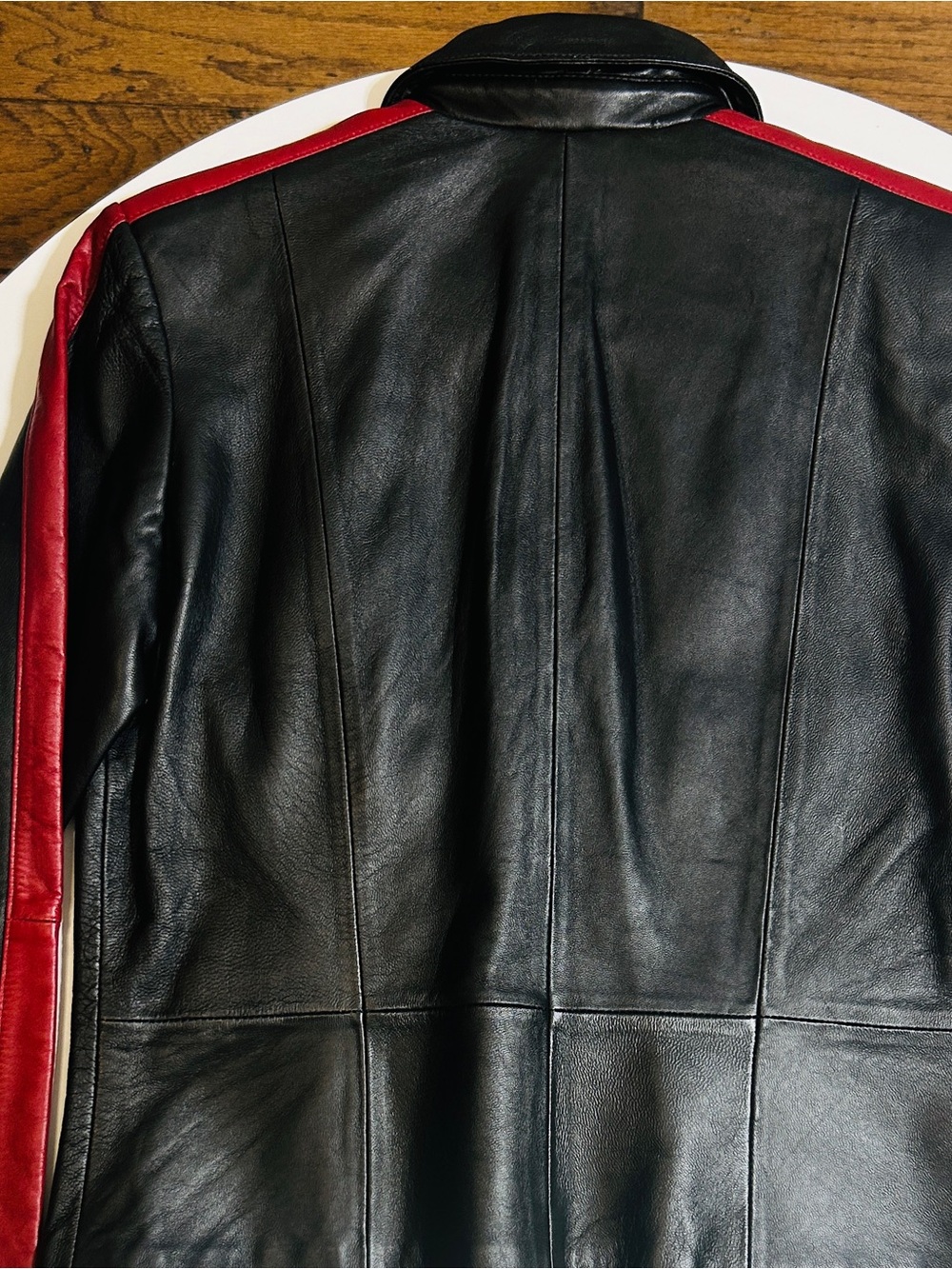 WilliSmith Black Leather Bomber Jacket with Red Trim - Picture 7 of 8